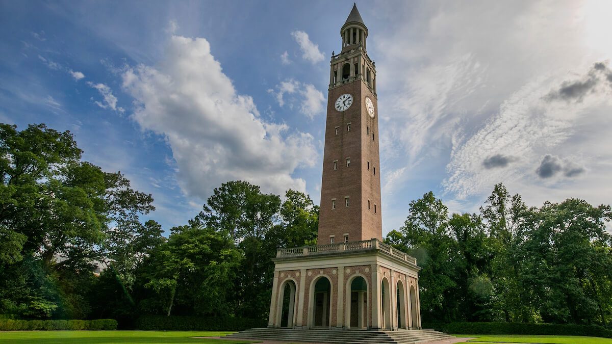 Morehead-Patterson Bell Tower on the campus of UNC-Chapel Hill, with clouds in the sky