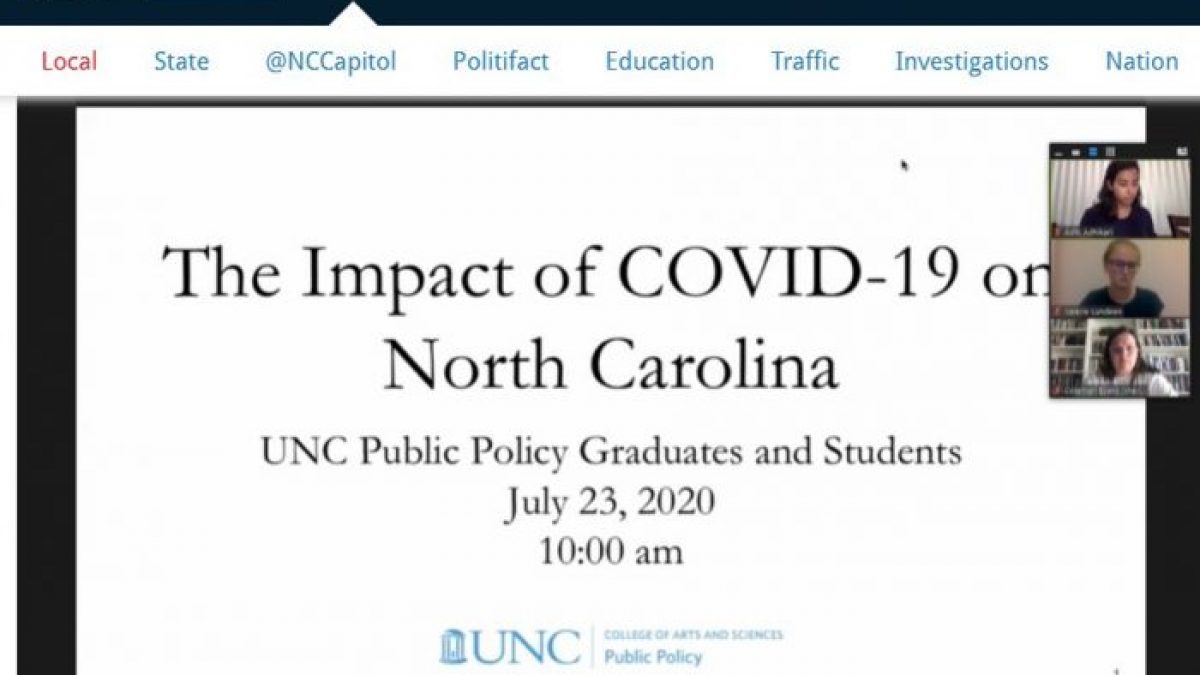 Screenshot of a WRAL webpage that features a presentation about the impact of COVID-19 on North Carolina, as presented by UNC Public Policy graduates and students