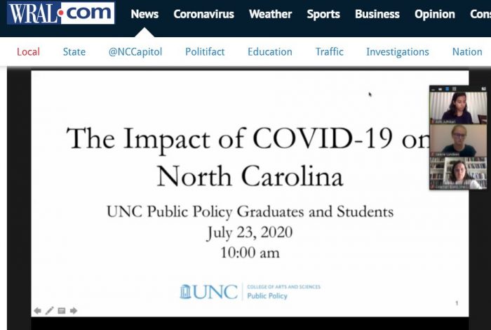 Screenshot of a WRAL webpage that features a presentation about the impact of COVID-19 on North Carolina, as presented by UNC Public Policy graduates and students