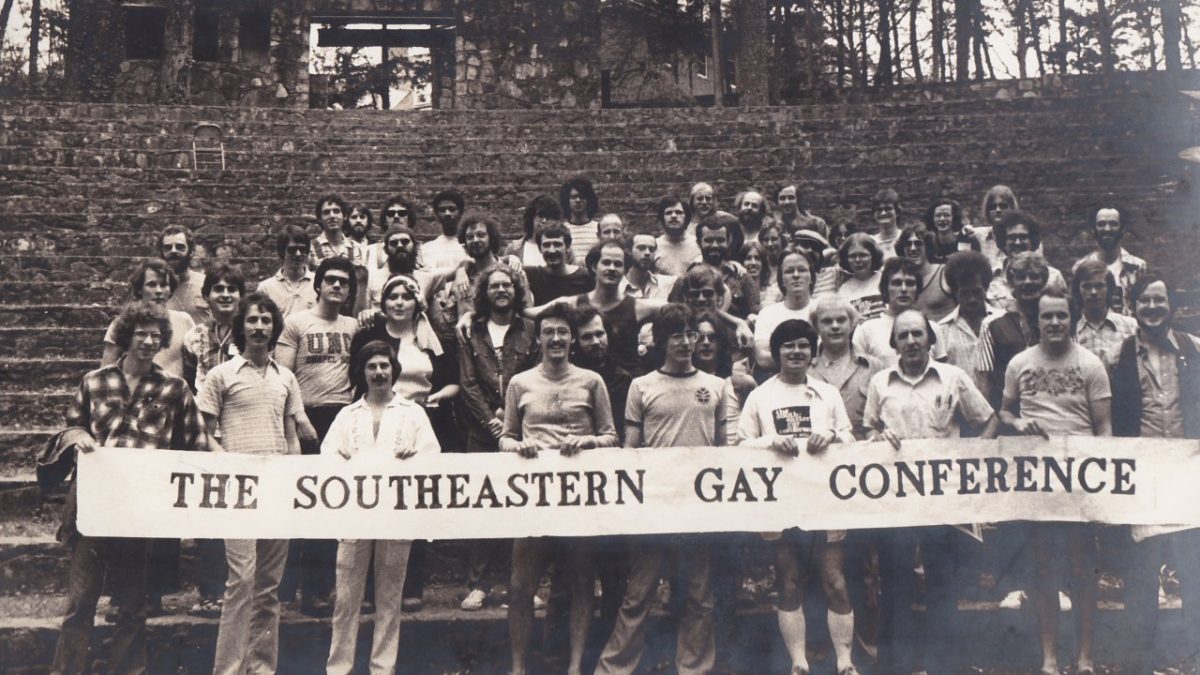 A group photo of participants of the Southeastern Gay Conference in 1976 at UNC-Chapel Hill.