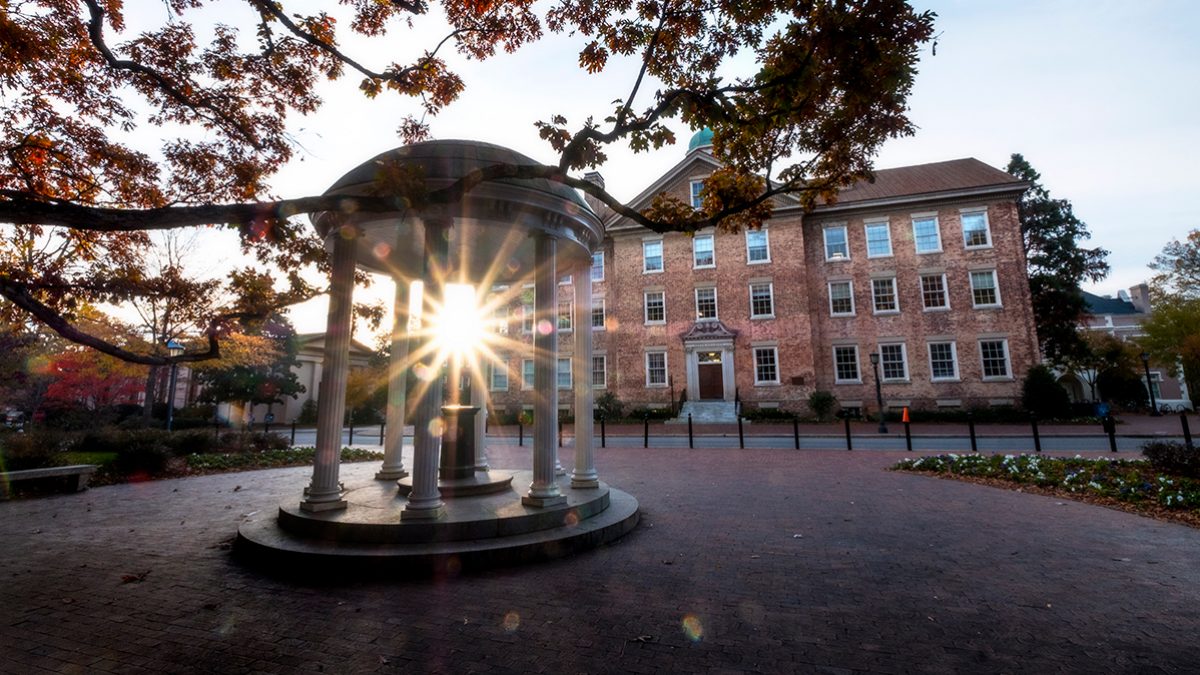 The sun sets behind the Old Well on the UNC-Chapel Hill campus.