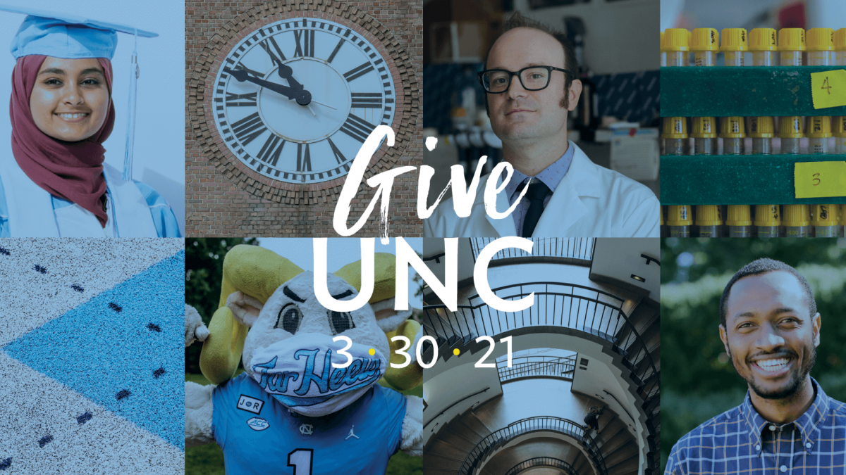 Portrait phots of Carolina students, researchers and places in a grid pattern with the GiveUNC logo overlaid on top