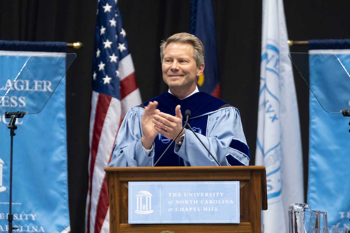 Chancellor Guskiewicz addresses UNC-Chapel Hill graduates at a commencement ceremony.