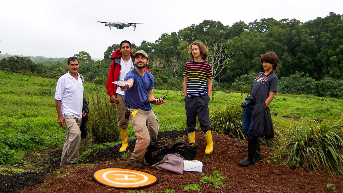 Francisco Laso and his fellow researchers launch a drone on the Galapagos Islands.