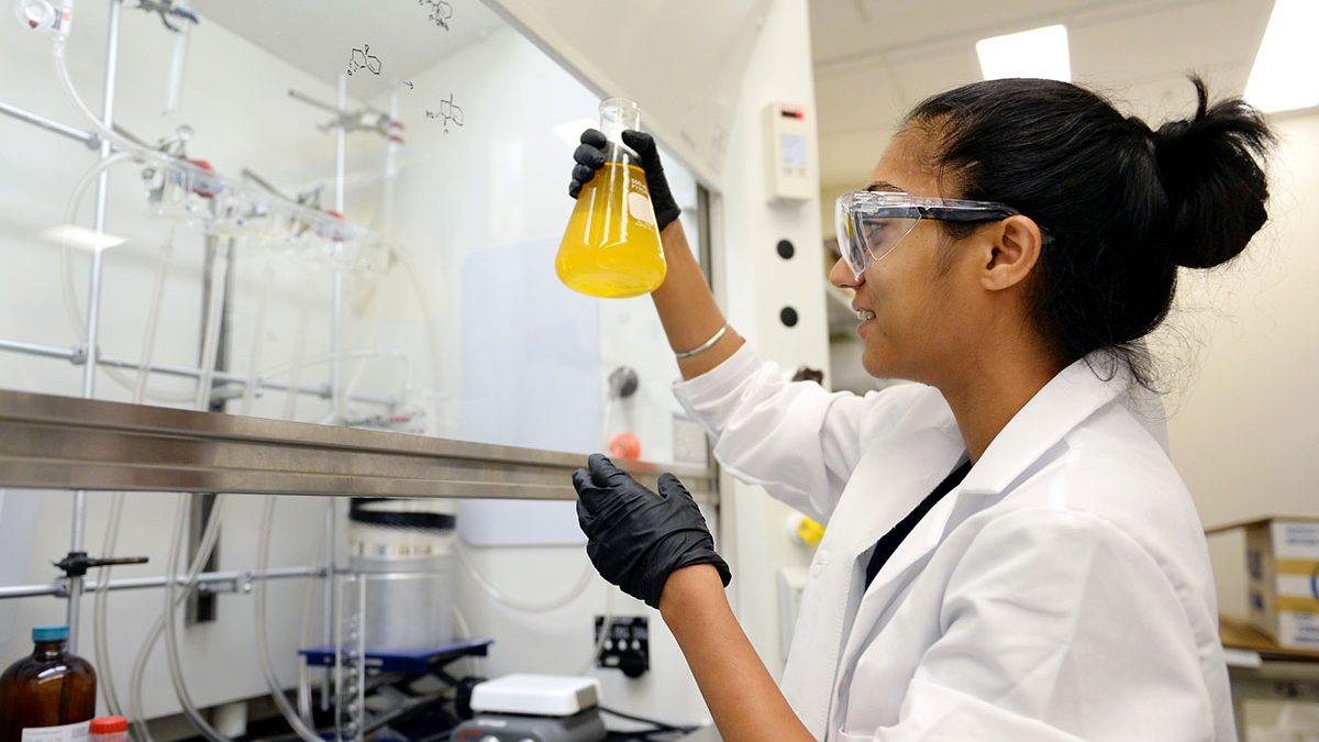 A graduate student holds up a beaker to examine a solution in the Marsico Lab at UNC-Chapel Hill.