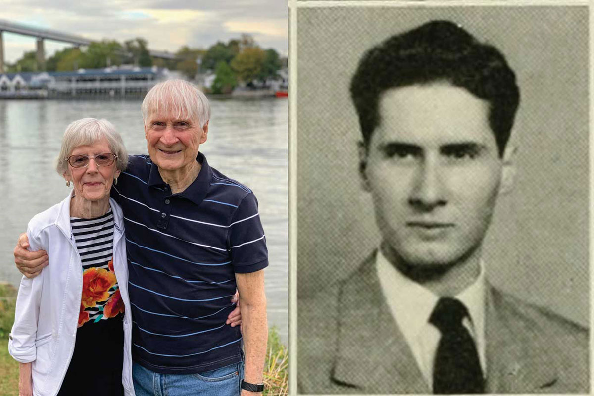 Roy Smith poses with his wife on the left; on the right, a portrait of Roy as a college student