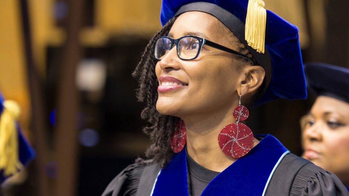 Ronda Bullock, in cap and gown at 2019 commencement at UNC