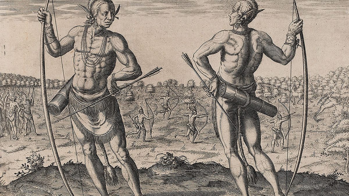 An engraving of two indigenous people of North Carolina by Theodor de Bry