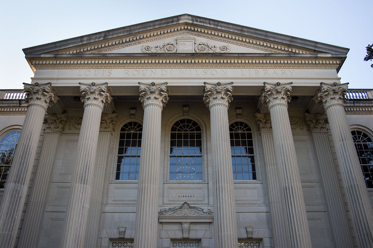 A view of the front of Wilson Library looking up.