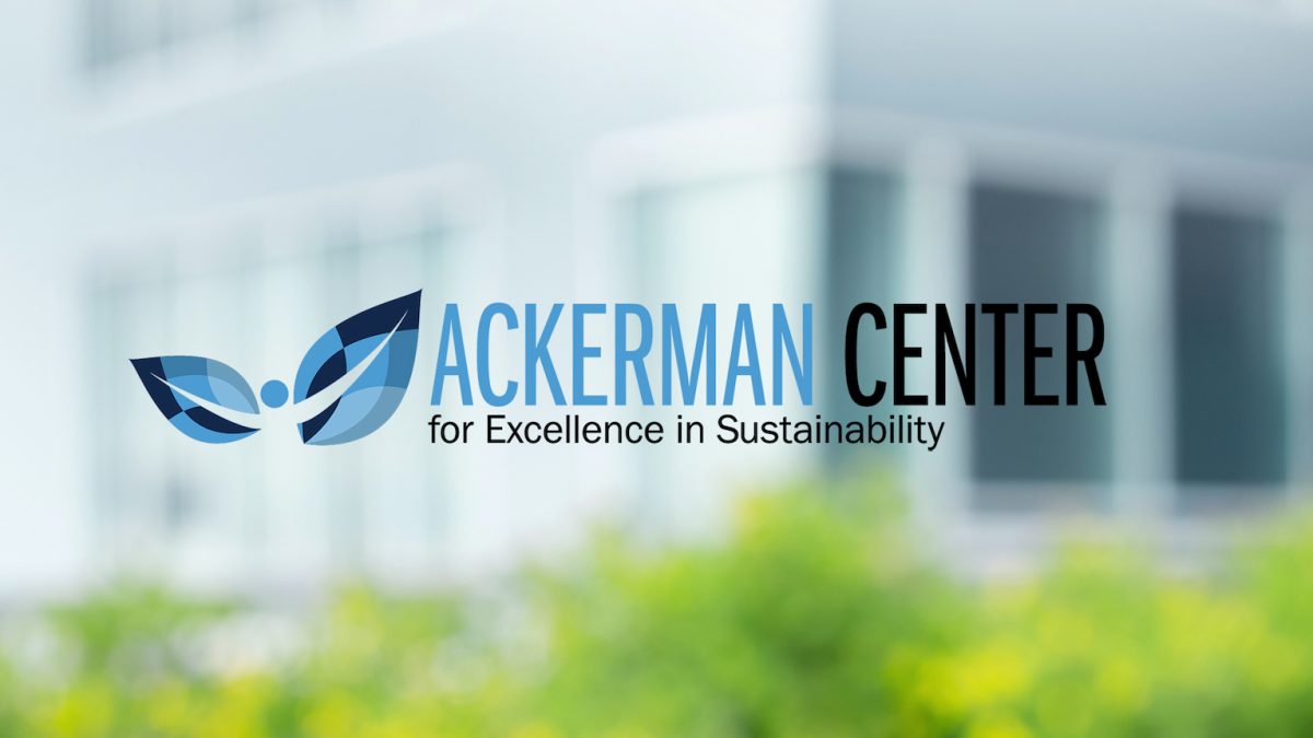 A logo with butterfly that says Ackerman Center for Excellence in Sustainability