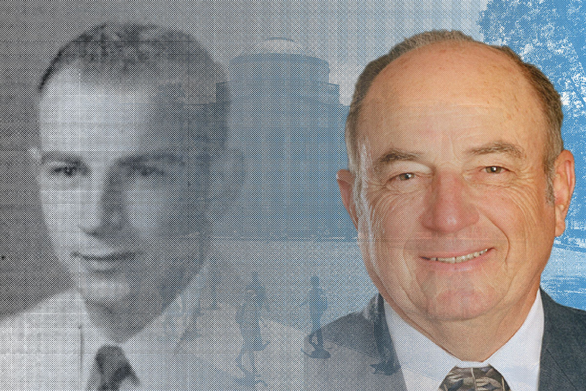 A side-by-side image showing Carroll as a burgeoning chemist researcher and in the present day