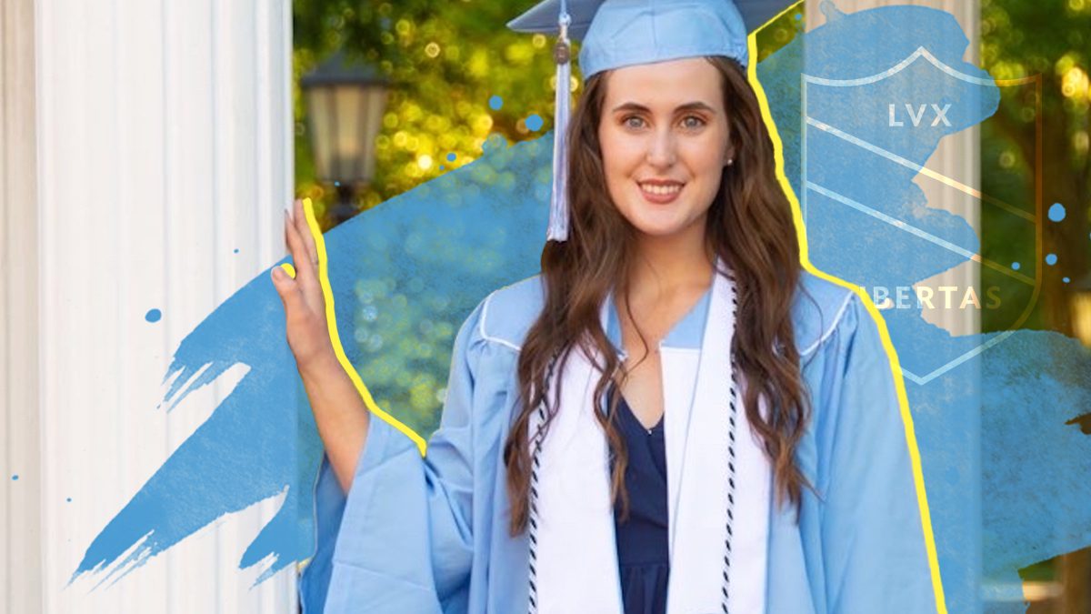 Kaylee Burrell stands in front of UNC's Old Well in graduation cap and gown