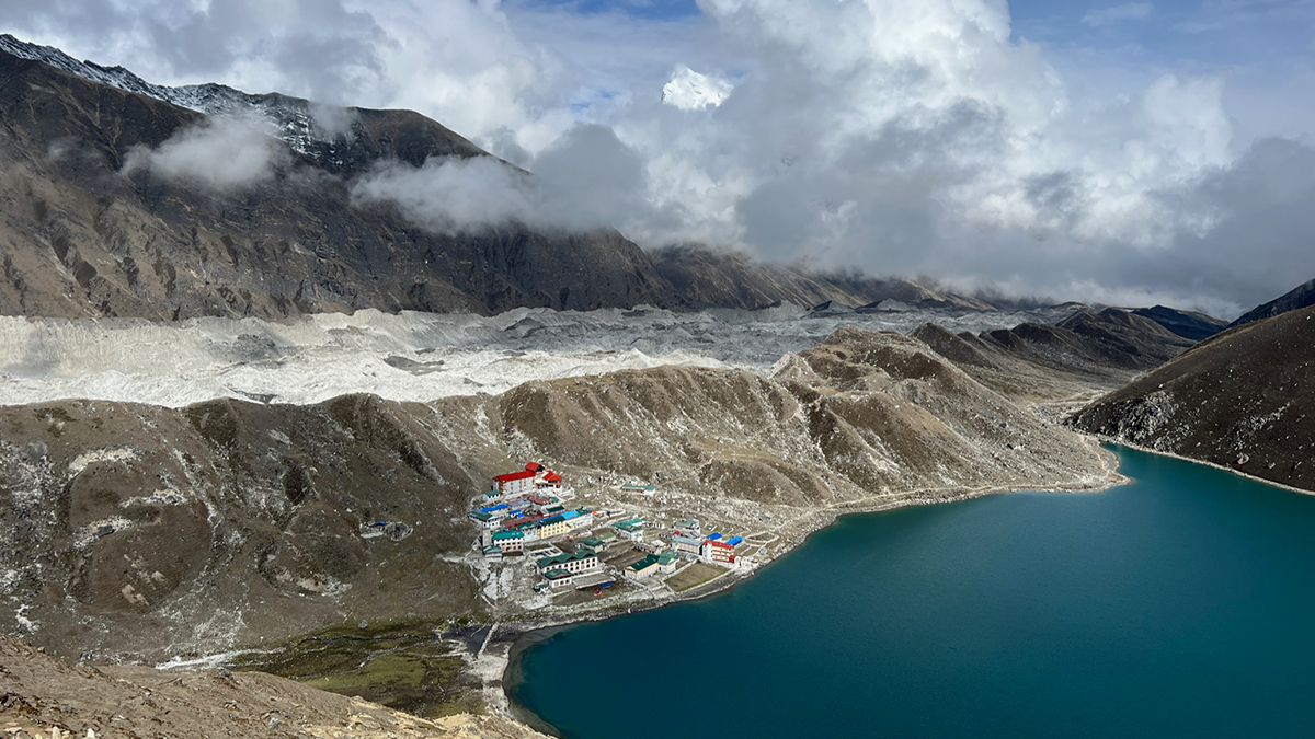Aerial image of a lake in Nepal where Carolina researchers have been working