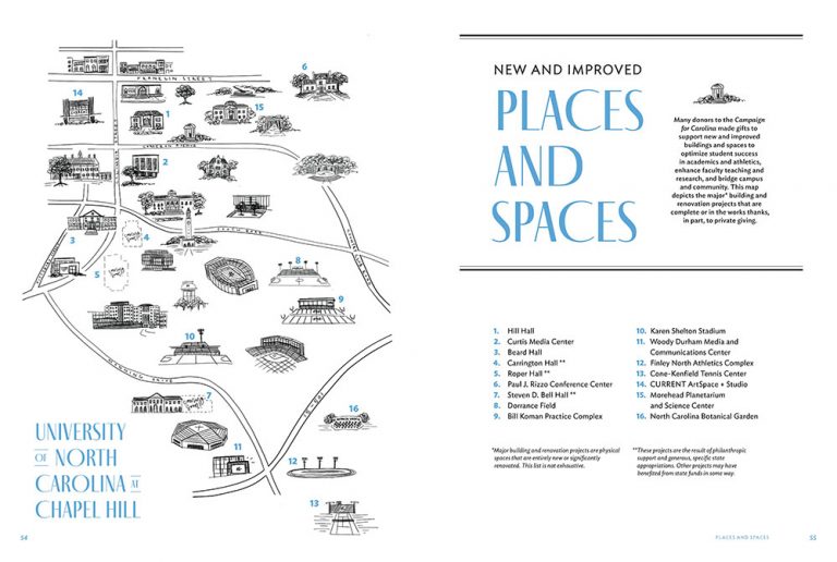 Image of a magazine spread showing a hand-drawn map on the left and the words Places and Spaces on the left