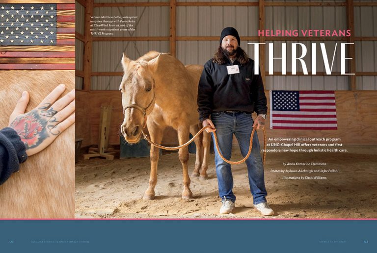 Image of a magazine spread showing a photo of a veteran and a horse in the foreground