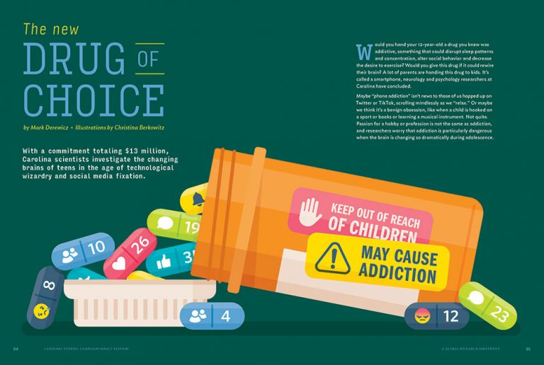 Image of a magazine spread featuring an illustration of a pill bottle spilling out pills marked with social media likes