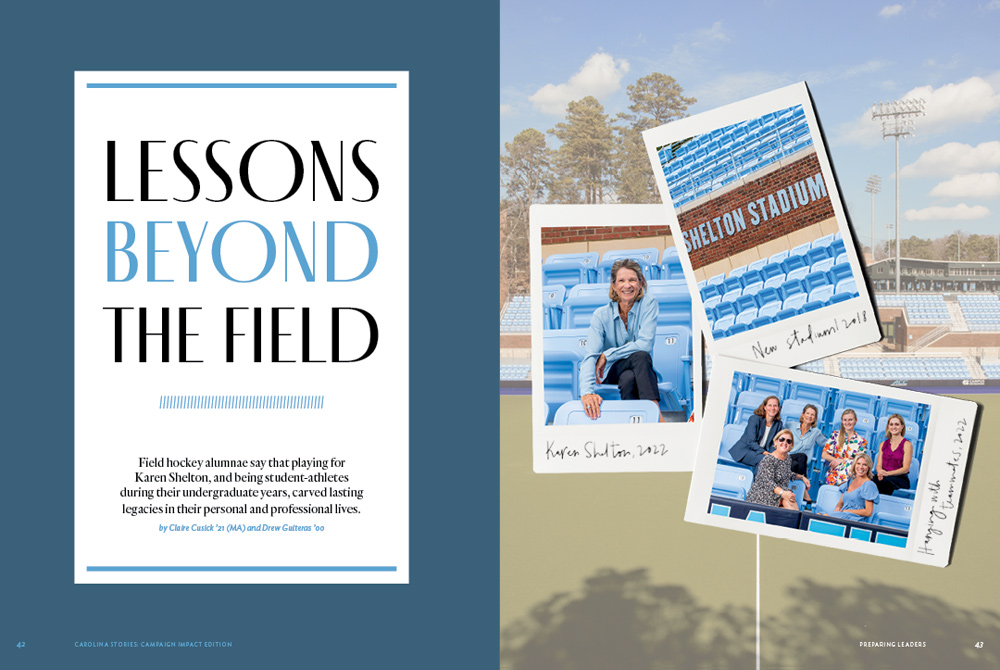 Image of a magazine spread showing the words Lessons from the Field on the left and polaroid style images of field hockey coaches and alumni on the left